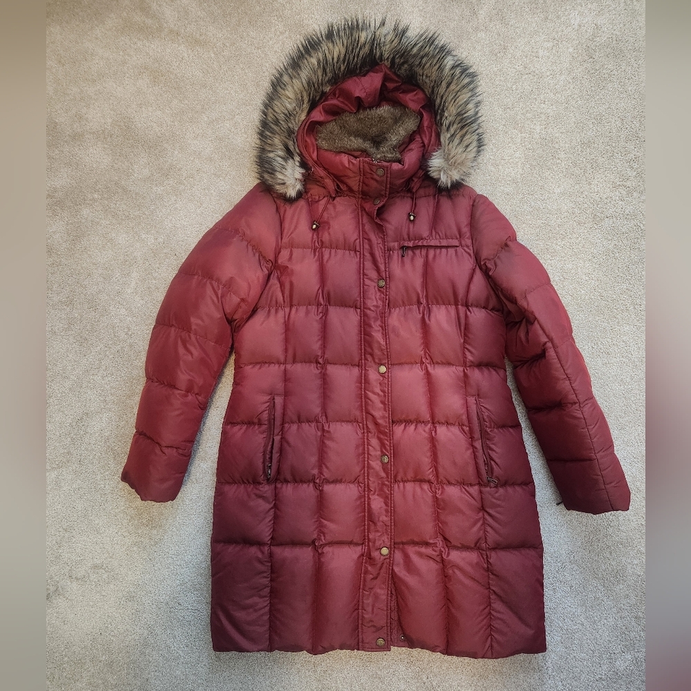 Lands' End Maroon Long Puffer Coat with Faux Fur Hood